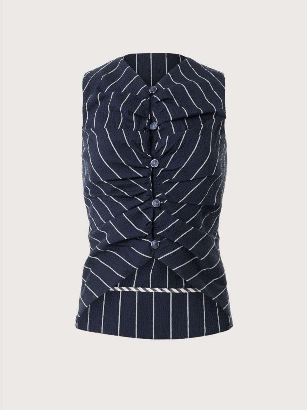Rosie Assoulin Navy and White Striped Knot-Front Sleeveless Top